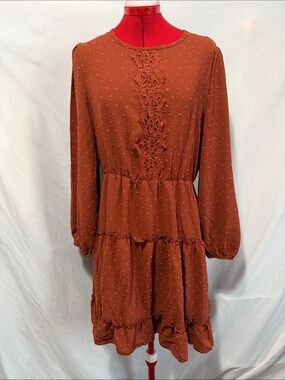 Tiered Long-Sleeve Dress with Crochet Front in Rust